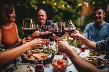 Happy family and friends dining and drinking red wine at the dinner party, Focus on wine glass