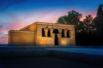 Poster - Illuminated Temple of Debod at sunset - ancient Egyptian temple at La Montana Park - Madrid, Spain