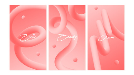 Poster - 3 Pink Charming Beauty Posters with blending waves and editable texts. Posters are designed for beauty salons advertising. 3D Posters.