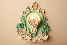 Paper Art Of Light Bulb With Green Eco City On Pastel Beige Background, Renewable Energy Concept. AI Generated