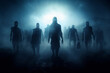 Silhouette of a horde of zombies walking towards the camera out of the mist. Generative ai