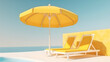Swimming pool with yellow beach umbrella and chairs. Yellow summer vacation concept. AI generated