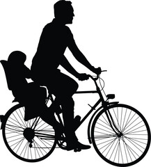 Poster - man riding bicycle with baby in child seat silhouette - vector artwork