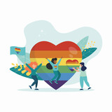 Fototapeta Sport - People rejoice on the background of the heart and waving the rainbow flag, pride month, LGBT community, human rights. Vector graphics flat style.
