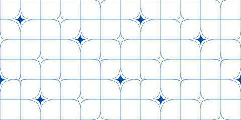 Leinwandbilder - Abstract Minimalist Seamless Pattern in Memphis Aesthetic. Vector Texture with Blue Sparkle Star Shapes and Lines Isolated on White Background