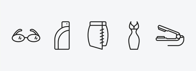 Aufkleber - woman clothing outline icons set. woman clothing icons such as reading eyeglasses, pocket, skirt black short, feminine fashion, hair iron vector. can be used web and mobile.