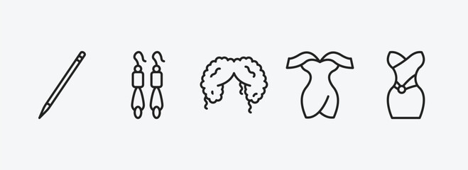 Aufkleber - woman clothing outline icons set. woman clothing icons such as eyes makeup pencils, dangling earrings, curling hair, sexy female dress, strapless tube dress vector. can be used web and mobile.