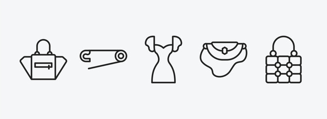 Poster - woman clothing outline icons set. woman clothing icons such as female black handbag, perdible pin, female dress, handbag elegant, fashionable hand bag vector. can be used web and mobile.