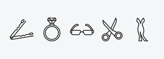 Aufkleber - woman clothing outline icons set. woman clothing icons such as hair clip tool, diamond ring, rectangular eyeglasses, scissors inverted view, female long black dress vector. can be used web and