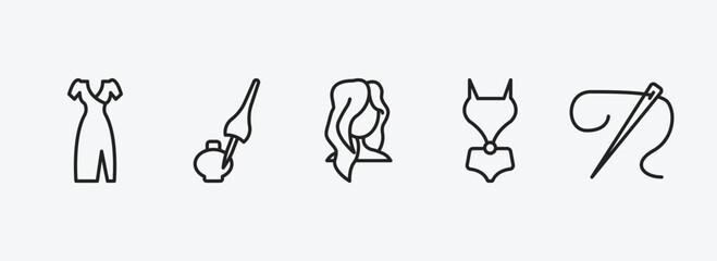 Poster - woman clothing collection. outline icons set. woman clothing collection. icons such as clothes, liquid eyeliner, female long hair, female swimsuit, needle vector. can be used web and mobile.