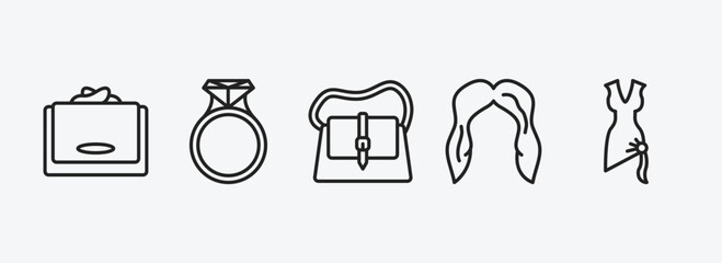 Poster - woman clothing outline icons set. woman clothing icons such as wallet, engagement ring, female handbag, female long black hair, bow black vector. can be used web and mobile.