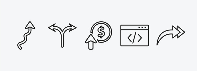 Poster - user interface outline icons set. user interface icons such as arrow with scribble, bifurcation, improve incomes, data coding, right drawn arrow vector. can be used web and mobile.