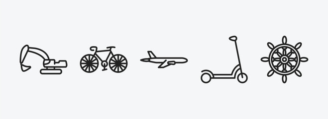 Poster - transportation outline icons set. transportation icons such as excavators, vintage bicycle, jetliner, kick scooter, ship helm vector. can be used web and mobile.