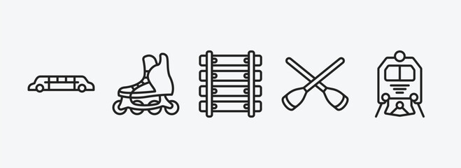 Poster - transportation outline icons set. transportation icons such as limousine, inline skates, railway line, rowing, train front vector. can be used web and mobile.