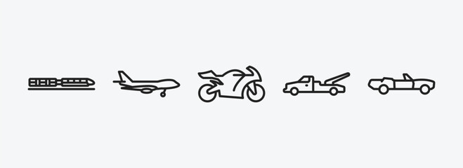 Poster - transportation outline icons set. transportation icons such as monorail, jumbo jet, motorbike, wreck