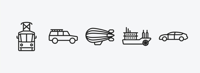 Poster - transportation outline icons set. transportation icons such as tram front view, off road, zeppelin, 