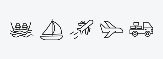 Poster - transport outline icons set. transport icons such as ferry, sailing, flying airplane, flights, loaded truck side view vector. can be used web and mobile.