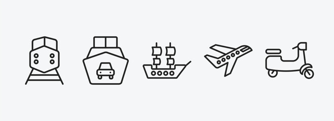 Poster - transport outline icons set. transport icons such as diesel train, ferry carrying cars, galleon, air transport, scooter bike vector. can be used web and mobile.