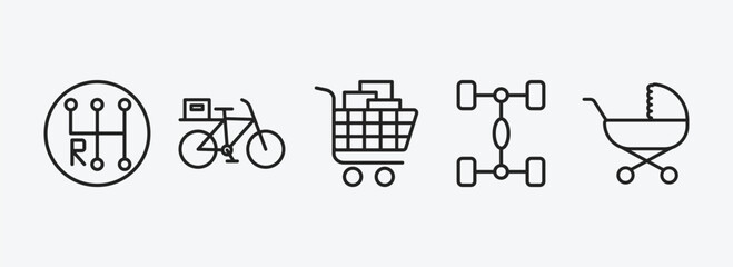 Poster - transport outline icons set. transport icons such as gearshift, delivery bike, cart with boxes, chassis, babysitter vector. can be used web and mobile.