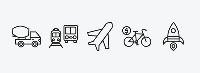 Poster - transport outline icons set. transport icons such as cement truck, public transportation, airplane pointing up, bicycle rental, space rocket launch vector. can be used web and mobile.
