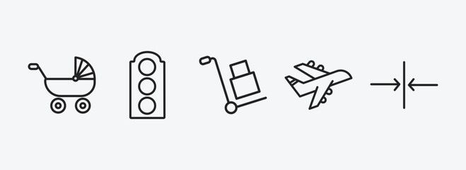Poster - transport outline icons set. transport icons such as pram, semaphore, carrier, planes, slim vector. 