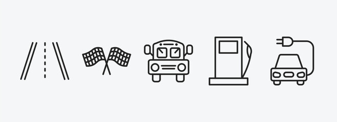 Poster - transportation outline icons set. transportation icons such as road with broken lines, motorsport, school bus empty, petrol station, electric car vector. can be used web and mobile.