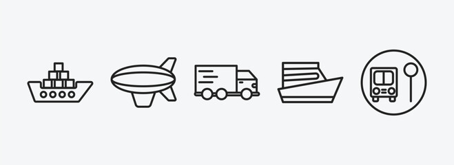 Poster - transport outline icons set. transport icons such as cargo ship, blimp, free transport, yacht navigate, school bus stop vector. can be used web and mobile.