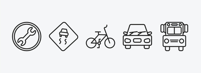 Poster - transport outline icons set. transport icons such as repair, slippy road, bicycle, car, school van vector. can be used web and mobile.