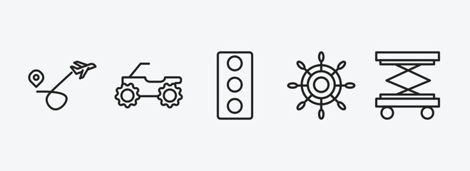 Poster - transport outline icons set. transport icons such as airplane flying, quad bike, car traffic, ship wheel, lifter vector. can be used web and mobile.