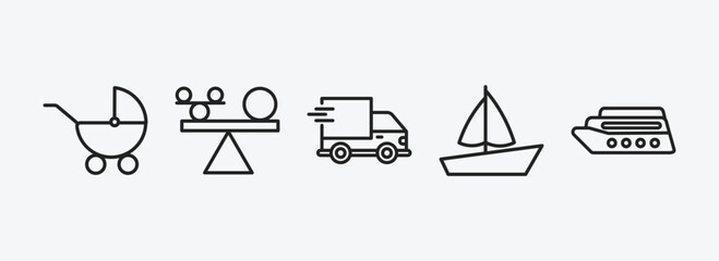 Poster - transport outline icons set. transport icons such as baby trolley, stability, shipping and delivery, sail boat, luxury yacht vector. can be used web and mobile.