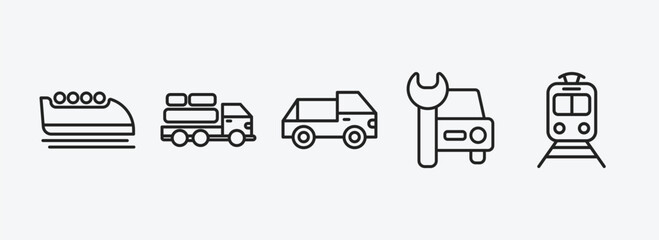 Poster - transport outline icons set. transport icons such as bobsleigh, cargo truck, midget car, car repair, tram stop vector. can be used web and mobile.