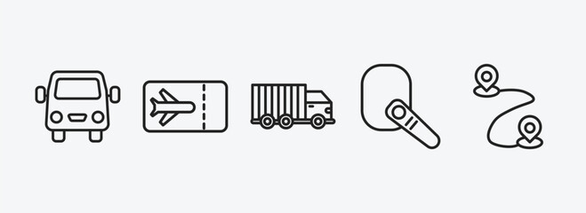 Poster - transport outline icons set. transport icons such as van front view, plane tickets, trucking, hands free device, way vector. can be used web and mobile.