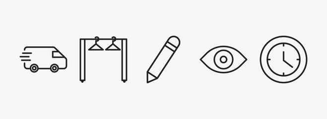 Poster - tools and utensils outline icons set. tools and utensils icons such as postage, clothes rack, pencil tool, optical, circular clock vector. can be used web and mobile.