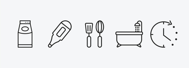 Poster - tools and utensils outline icons set. tools and utensils icons such as top load washer, body thermometer, kitchen tools, bath tub, time left vector. can be used web and mobile.