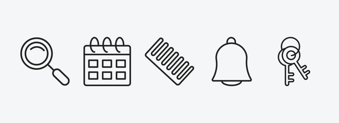 Poster - tools and utensils outline icons set. tools and utensils icons such as magnifier, calendar with six days, combs, hanging bell, key ring vector. can be used web and mobile.