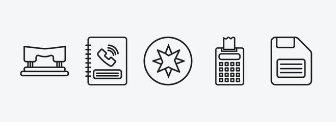 Poster - tools and utensils outline icons set. tools and utensils icons such as hole puncher, telephone agenda, cardinal points, printing calculator, face down floppy disk vector. can be used web and mobile.
