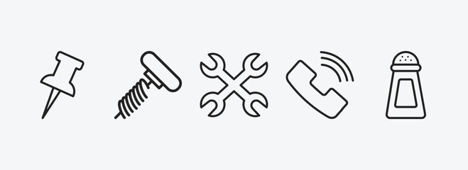 Poster - tools and utensils outline icons set. tools and utensils icons such as tack save button, auger, cross wrench, ringing, pepper container vector. can be used web and mobile.