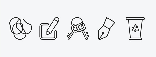 Poster - tools and utensils outline icons set. tools and utensils icons such as rubber bands, edit picture, key ring with two keys, ink pen, recycling bin vector. can be used web and mobile.