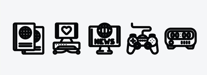 Poster - technology outline icons set. technology icons such as international passport, electrocardiogram line, world news, gamepad with cable, kitchen timer vector. can be used web and mobile.