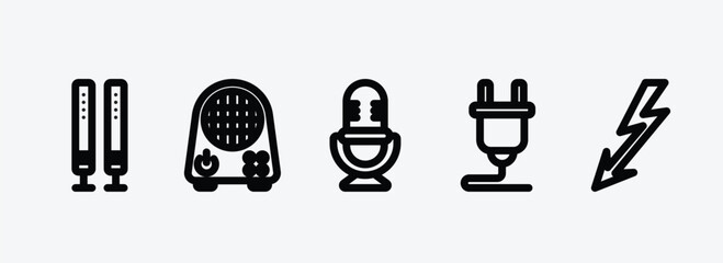 Poster - technology outline icons set. technology icons such as theater, air cooler, big old microphone, plugs, lightning arrow vector. can be used web and mobile.