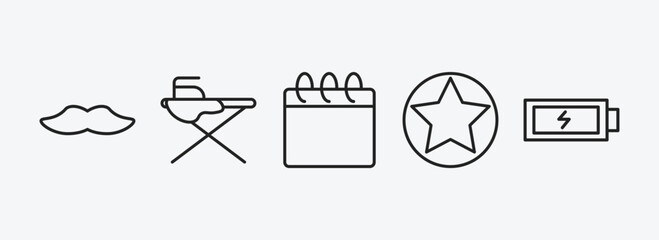 Poster - tools and utensils outline icons set. tools and utensils icons such as moustaches, iron table, calendar page, highlight, charged battery vector. can be used web and mobile.