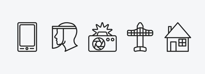 Poster - technology outline icons set. technology icons such as tablet with picture, face shield, camera flash, solar plane, domestic vector. can be used web and mobile.