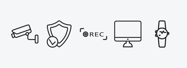 Poster - technology outline icons set. technology icons such as surveillance camera, safe shield protection, recording, simple screen, smart watch vector. can be used web and mobile.