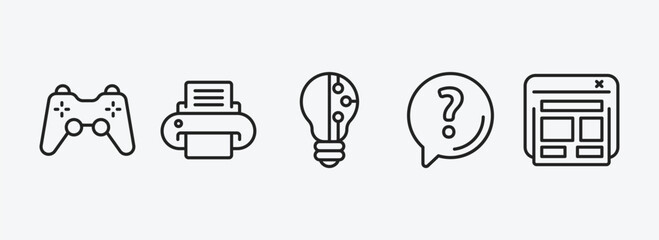 Poster - technology outline icons set. technology icons such as video game controller, paper printer, light b