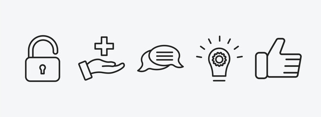 Poster - success outline icons set. success icons such as open padlock, care, discussion, innovation, thumb up vector. can be used web and mobile.
