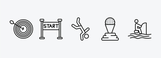 Poster - sports outline icons set. sports icons such as dartboard with dart, starting line, capoeira, golf champion, fisher fishing vector. can be used web and mobile.