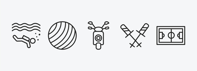 Poster - sports outline icons set. sports icons such as scuba diving, gym ball, motor sports, ski poles, football pitch vector. can be used web and mobile.