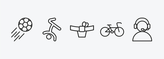 sport outline icons set. sport icons such as soccer, breakdancing dancer, mawashi, racing bike, commentator vector. can be used web and mobile.