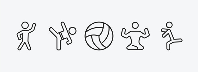 Poster - sports outline icons set. sports icons such as stretching, wushu, volleyball ball, yoga posture, dancer motion vector. can be used web and mobile.