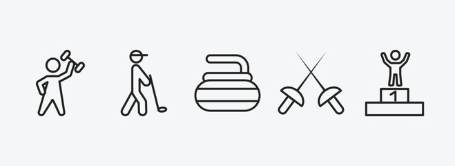 Poster - sports outline icons set. sports icons such as dumbbell for training, golf player hitting, curling, fencing, number one athlete vector. can be used web and mobile.